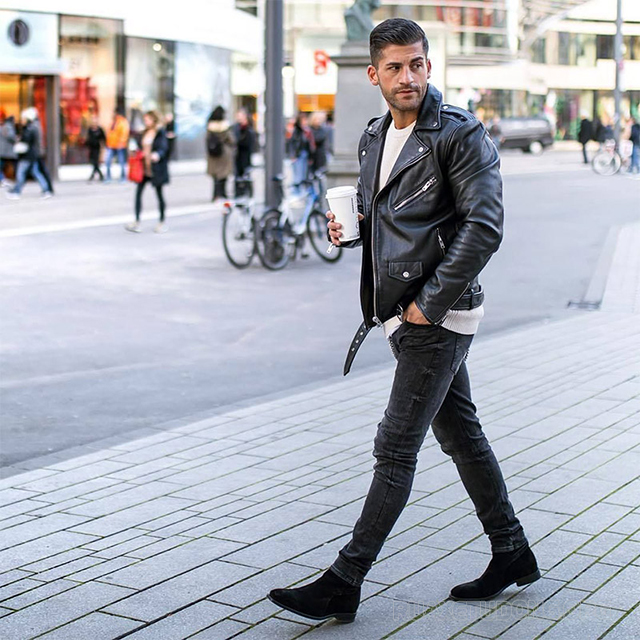 Áo khoác da + quần jean + chelsea boot